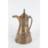 Islamic Dallah coffee pot, with domed tapering cover and scroll handle, the body with silver and