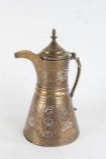 Islamic Dallah coffee pot, with domed tapering cover and scroll handle, the body with silver and