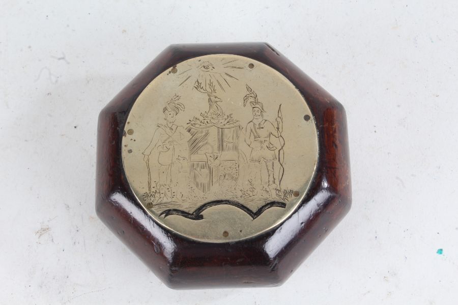 Scottish table snuff box, the brass lid with depiction of a Scotsman blowing bagpipes above the name - Image 2 of 2