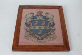 19th Century woolwork armorial picture, depicting the arms of Rugby School, housed in a glazed maple