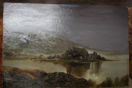 20th century British School, study of a lake with ruins, unsigned oil on canvas, unframed, 76.5cm