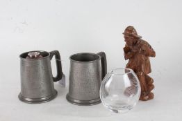 Two golfing related pewter tankards, a black forest style wooden figure of an elderly gentleman