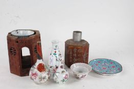 Chinese and Japanese works of art, to include octagonal turret form brush pot, tea caddy, tea