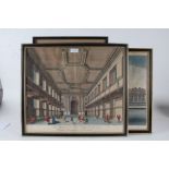 Three 19th century coloured engravings, "A perspective view of the Royal Hospital at Greenwich", "