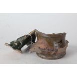 Medieval pottery pot neck and green glazed handle (2)