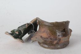 Medieval pottery pot neck and green glazed handle (2)