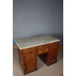 Victorian pine washstand, the grey veined marble top above three frieze drawers, small kneehole