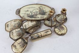 Chinoiserie dressing table set, decorated with figures in a landscape, consisting of oval and