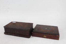 Oak box, the hinged lid opening to reveal brass hinges, 24.5cm wide, Continental brass and mother of