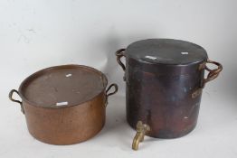 20th century copper urn, with lift up lid and brass tap, 28cm high, together with a twin handled