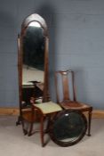 20th Century cheval mirror with carved feet, together with a mahogany cello stool, 19th Century