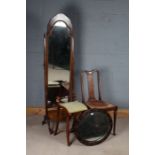 20th Century cheval mirror with carved feet, together with a mahogany cello stool, 19th Century