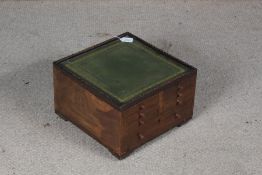 Mid 20th Century mahogany sewing cabinet, the green tooled leatherette above an arrangement of