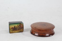 Russian papier mache stamp box, the hinged lid depicting a horse and cart with figures, 4cm wide,