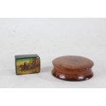 Russian papier mache stamp box, the hinged lid depicting a horse and cart with figures, 4cm wide,