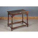 Small oak occasional table, the demi-lune carved top raised on turned legs and flattened stretchers,