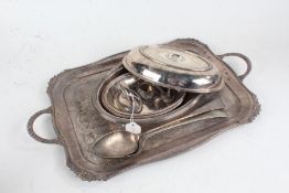 Three silver plated entrée dishes, together with two silver plated basting spoons and a silver