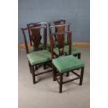 Harlequin set of five George III oak dining chairs, with shaped cresting rails above pierced splat