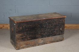 Victorian pine blanket box, the hinged lid opening to reveal an interior candle box, with frieze