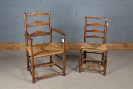 Elm ladderback elbow chair, with rush seat, similar dining chair, both on turned legs and stretchers