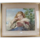 TW, young girl reading a book, monogrammed watercolour dated 1872, housed in a gilt and glazed
