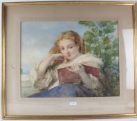 TW, young girl reading a book, monogrammed watercolour dated 1872, housed in a gilt and glazed