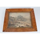 Pair of 19th century coloured prints, each depicting landscape scenes of figures by a castle and the