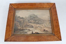 Pair of 19th century coloured prints, each depicting landscape scenes of figures by a castle and the