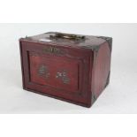 Chinese Mah-Jong set, housed within a hardwood and metal mounted box, the sliding front enclosing