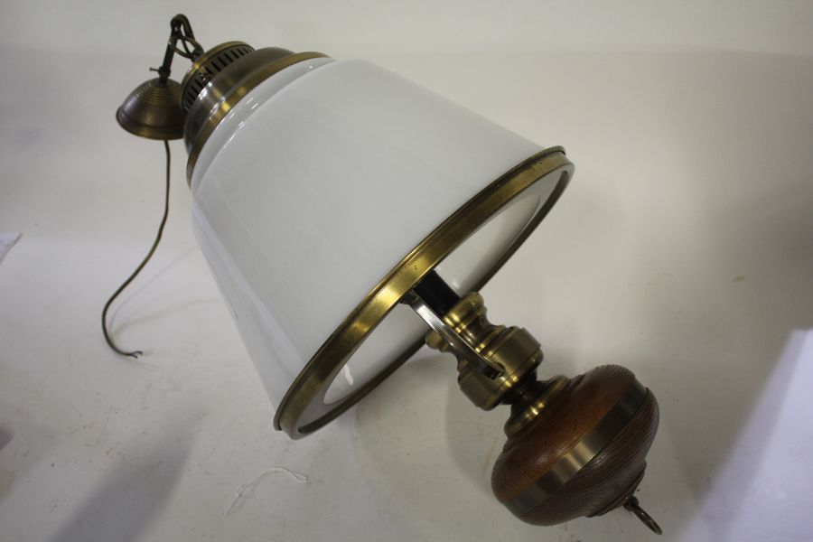 20th Century brass hanging lamp, with an opaque glass shade, 72cm long