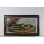 Geoffrey St John Hollis, boats moored at Waldringfield, signed oil on board, housed within a