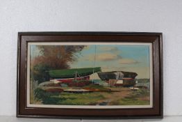 Geoffrey St John Hollis, boats moored at Waldringfield, signed oil on board, housed within a