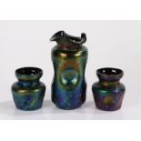 Trio of Art Nouveau iridescent glass vases, possibly Loetz, the larger vase with a folded lip