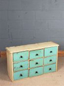 Set of scratch built blue and white painted bank of drawers, fitted nine drawers, 98cm long x 56cm