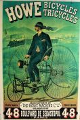 Reproduction Howe Bicycles Tricycles advertising print on board, unframed 51cm wide x 74.5cm