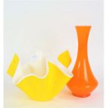 1960's bright orange glass vase, with long slender neck and bulbous body, 25.5cm high, together with