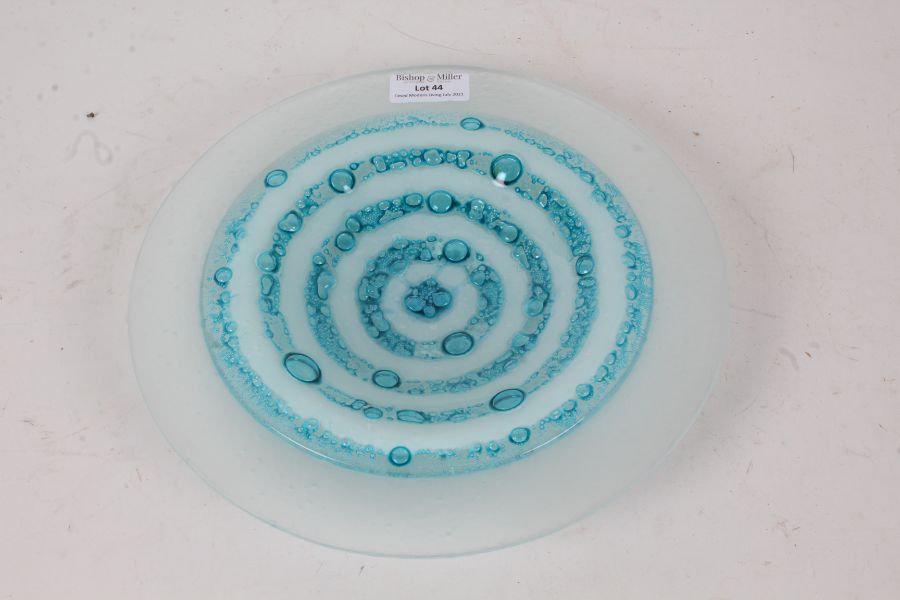 Penny Gough, circular bubble glass dish in blue and white, 24cm diameter - Image 2 of 2