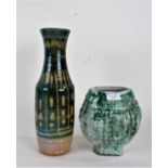 Art pottery vase with green and white mottled exterior, initialled JCB to base, 19cm high, art