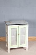 Mid 20th century food hutch, having white enamelled top with mesh doors and sides, painted in