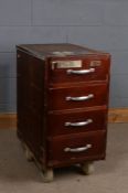 Set of portable bank drawers/till, fitted with four drawers and raised on four large wheels, 43cm