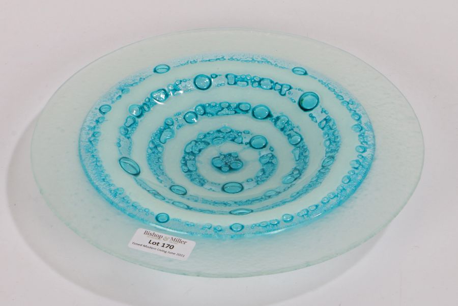 Penny Gough, circular bubble glass dish in blue and white, 24cm diameter