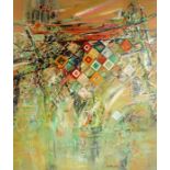 H. Murat?, colourful abstract scene, signed oil on fabric, dated 1969 and titled 'Azzuw' to reverse,