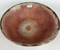 Large 20th century studio pottery bowl, the interior bowl with running glazes, painted initials JB