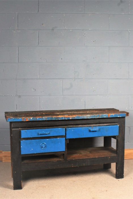 Rustic pine work bench,with blue painted drawer fronts, 137.5cm long x 78cm high x 45.5cm deep