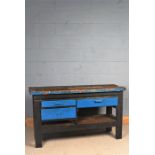 Rustic pine work bench,with blue painted drawer fronts, 137.5cm long x 78cm high x 45.5cm deep