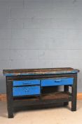 Rustic pine work bench,with blue painted drawer fronts, 137.5cm long x 78cm high x 45.5cm deep