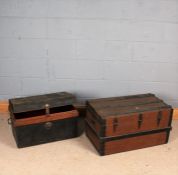 Japanned steel travelling trunk, with label to the interior, 60cm wide, together with a crocodile