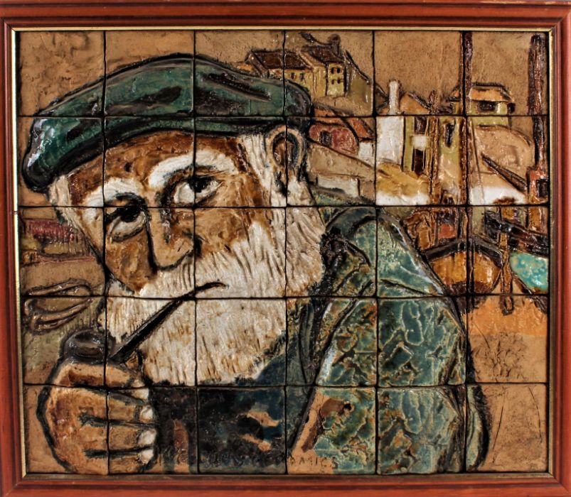 Ceramic tile picture depicting a bearded gentleman smoking a pipe, formed from 30 tiles, signed "K.