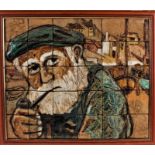 Ceramic tile picture depicting a bearded gentleman smoking a pipe, formed from 30 tiles, signed "K.