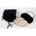 Blue scarf, with embroidered silver foliate thread decoration and beaded ends, black evening bag